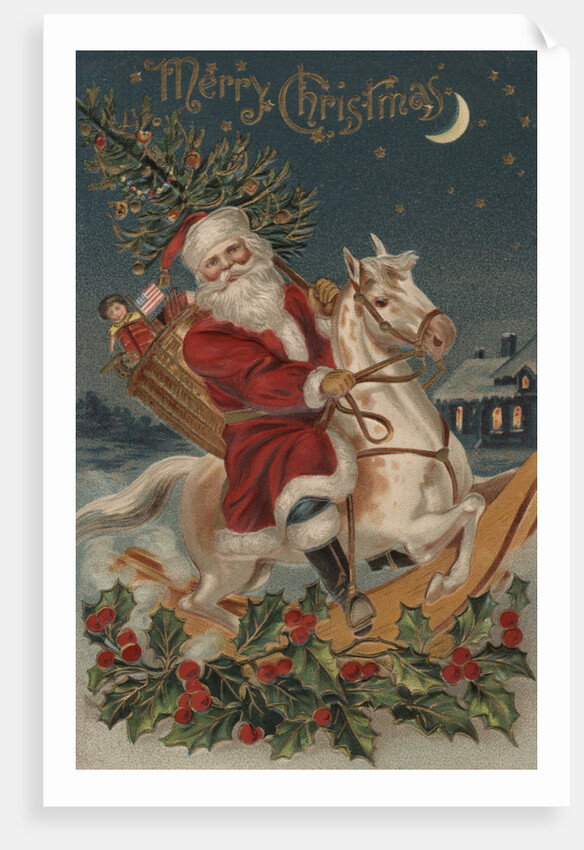 Merry Christmas Postcard with Santa on Rocking Horse by Anonymous