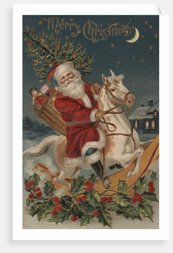 Merry Christmas Postcard with Santa on Rocking Horse by Corbis