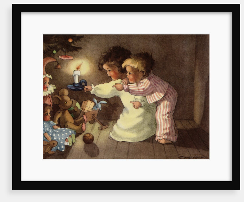 Christmas Postcard with Children Looking at Toys by Monique Martin