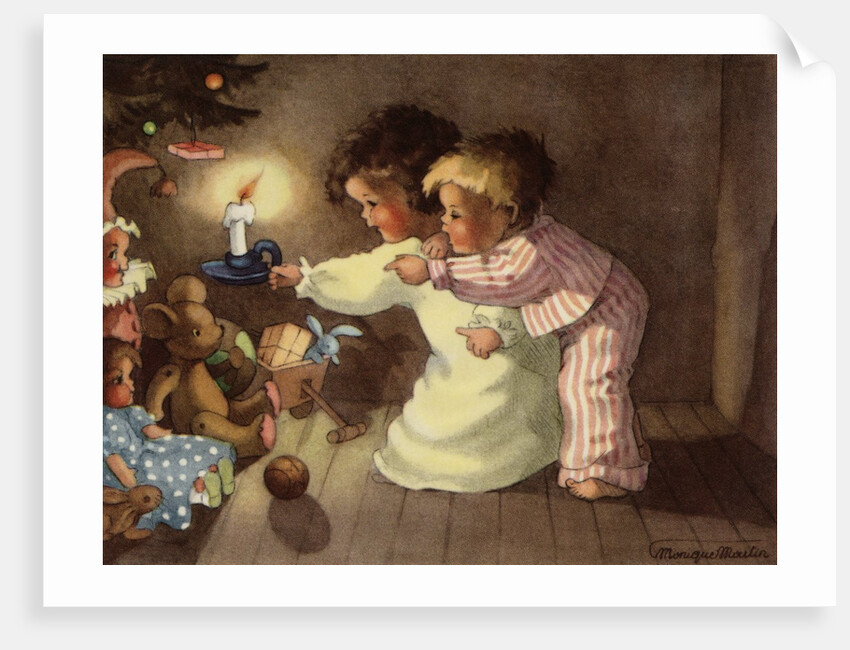 Christmas Postcard with Children Looking at Toys by Monique Martin