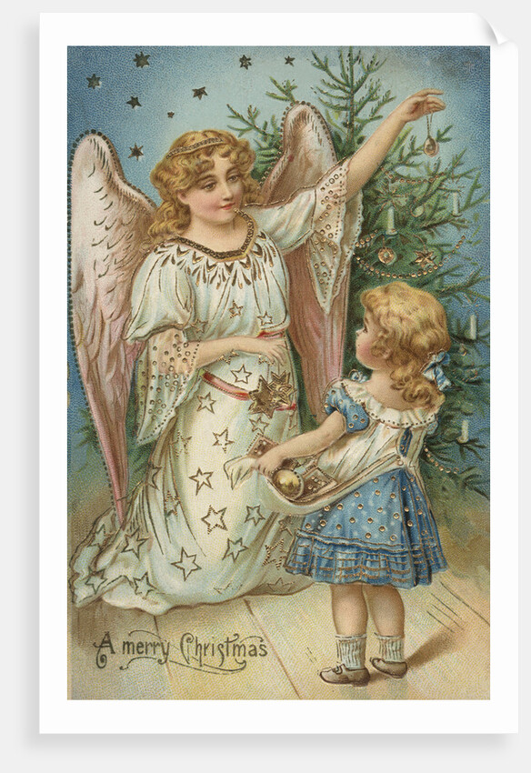 A Merry Christmas Postcard with Angel and Little Girl by Anonymous