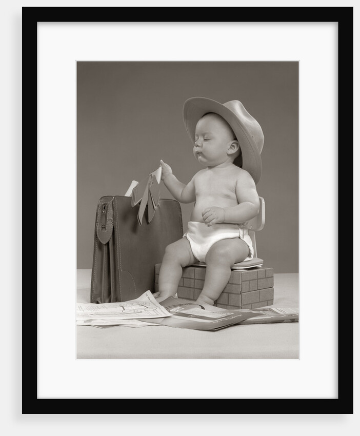 1950s Baby Businessman In Diaper With Hat Briefcase Salesman Samples Paperwork by Anonymous