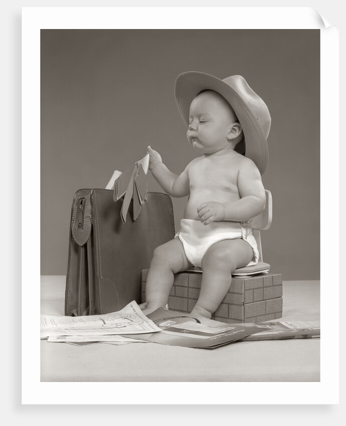 1950s Baby Businessman In Diaper With Hat Briefcase Salesman Samples Paperwork by Anonymous