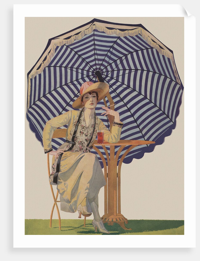 Illustration of Woman Sitting Under Striped Umbrella by Coles Phillips