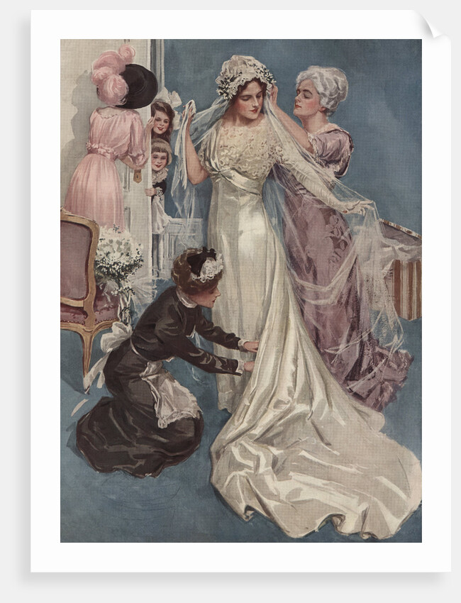 Illustration of a Bride Being Dressed by Harrison Fisher