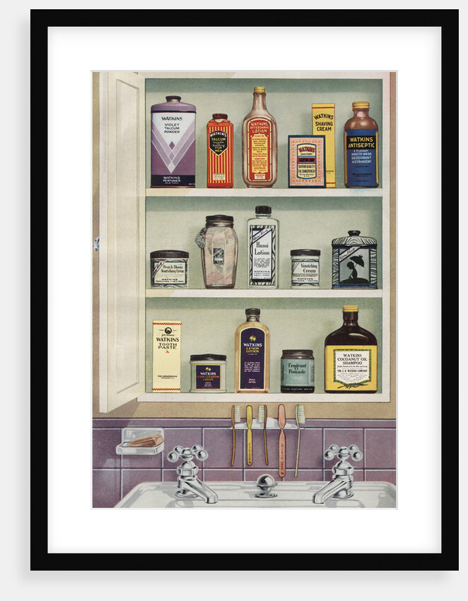 Illustration of Medicine Cabinet Filled with Watkins Products by Anonymous