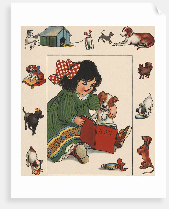 Illustration of Little Girl Reading to Her Dog by Anonymous