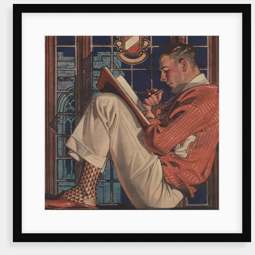 Illustration of Man Reading and Smoking Pipe by Anonymous