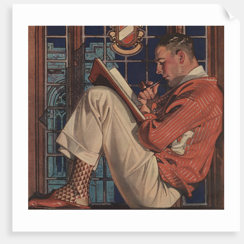 Illustration of Man Reading and Smoking Pipe by Anonymous