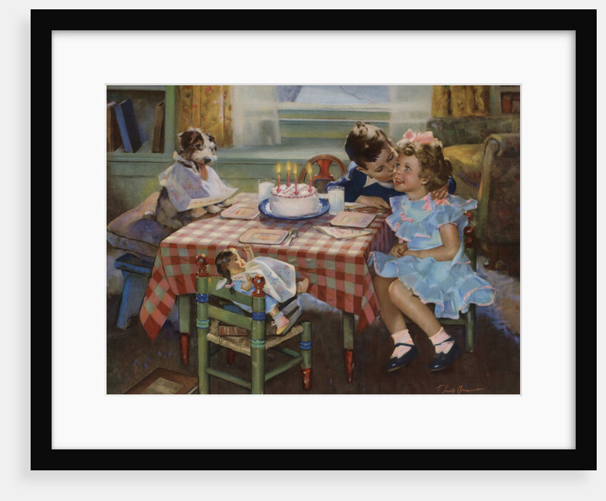 Illustration of Boy Kissing Girl at Birthday Party by Anonymous