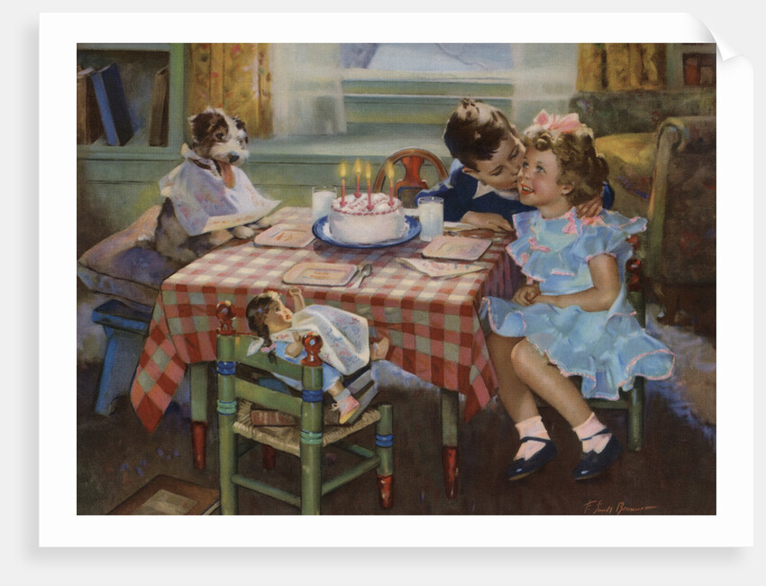 Illustration of Boy Kissing Girl at Birthday Party by Anonymous