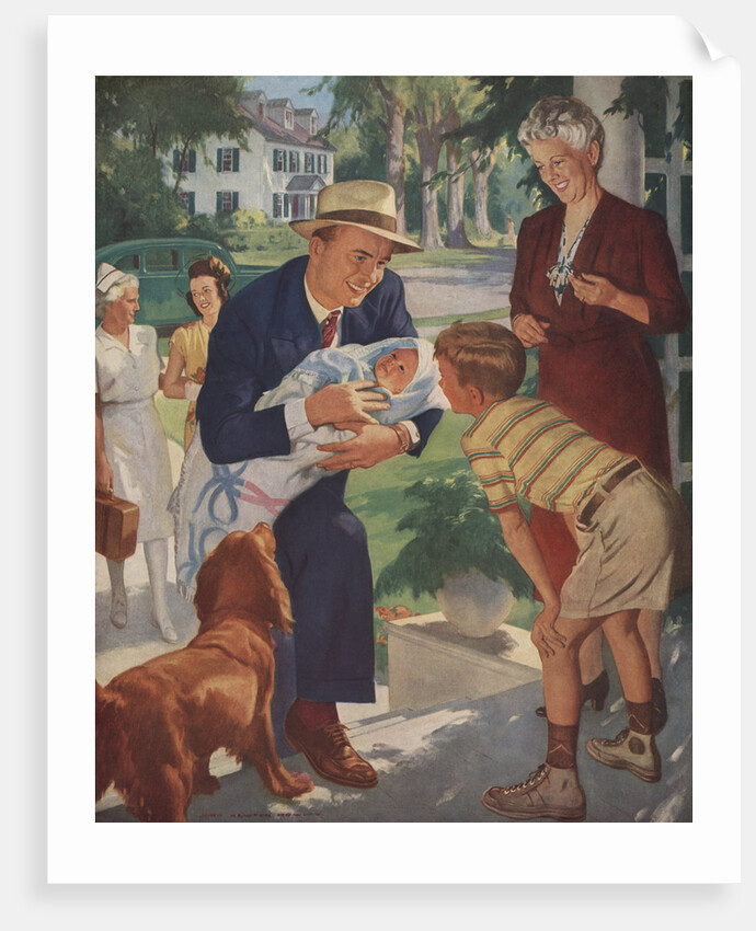 Illustration of Family Welcoming Newborn Home by John Newton Hewitt