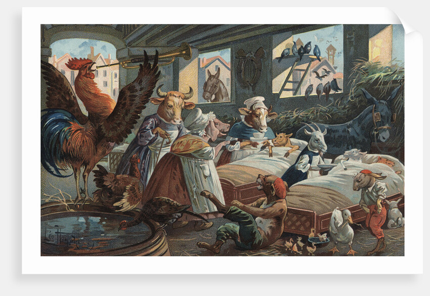 Illustration of Rooster Playing Reveille to Barnful of Animals by Anonymous