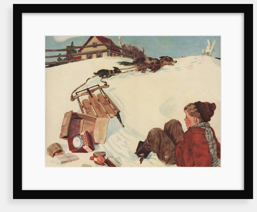 Illustration of Boy and Groceries Falling Off Sled by Anonymous