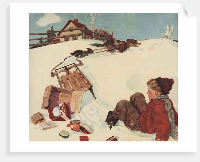 Illustration of Boy and Groceries Falling Off Sled by Anonymous