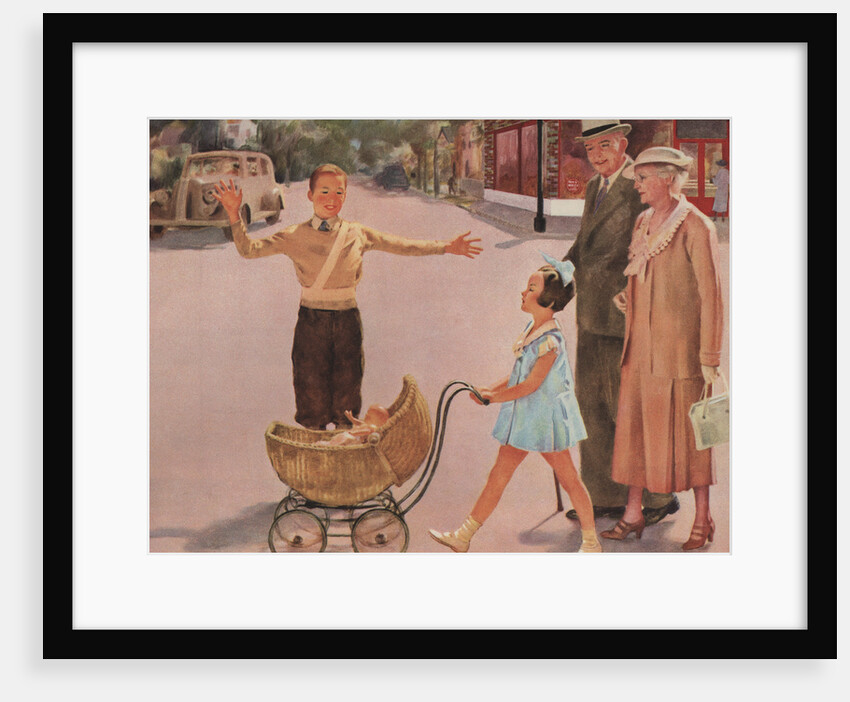 Illustration of Crossing Guard Helping People Cross Street by Douglass Crockwell
