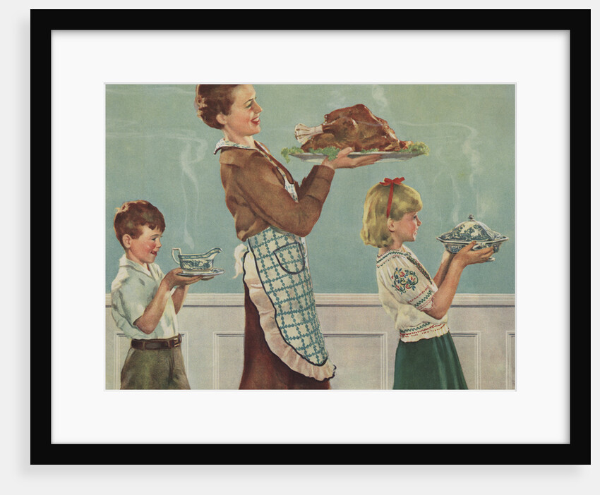 Illustration of Mother and Children Carrying Thanksgiving Dinner by Douglass Crockwell