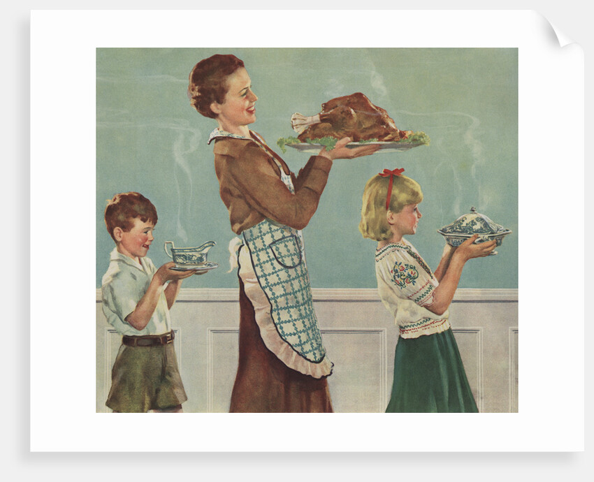 Illustration of Mother and Children Carrying Thanksgiving Dinner by Douglass Crockwell