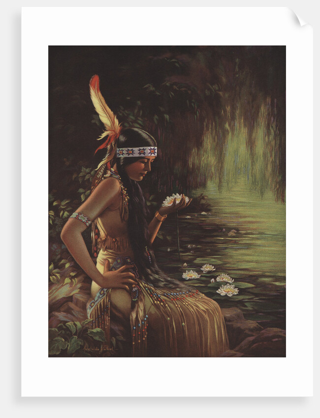 Illustration of an Indian Maiden Holding a Water Lily by Adelaide Hiebel
