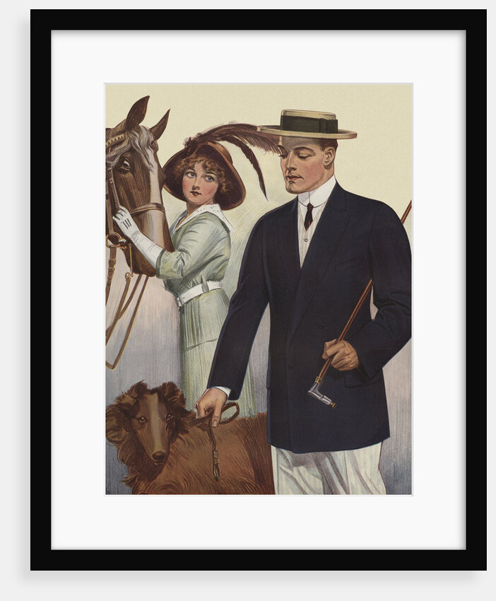Royal Tailors Illustration of Man Walking Dog Past Woman with Horse by Anonymous
