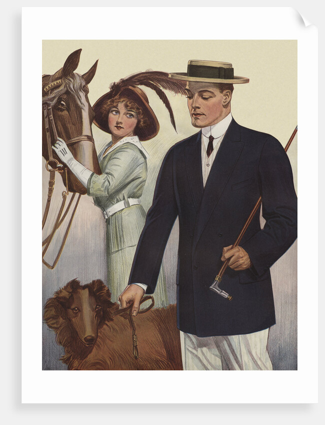 Royal Tailors Illustration of Man Walking Dog Past Woman with Horse by Anonymous