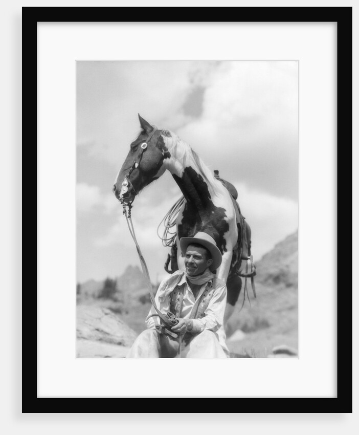 1930s Cowboy Sitting In Front Of Horse Holding Reins Spotted Paint Pinto by Anonymous