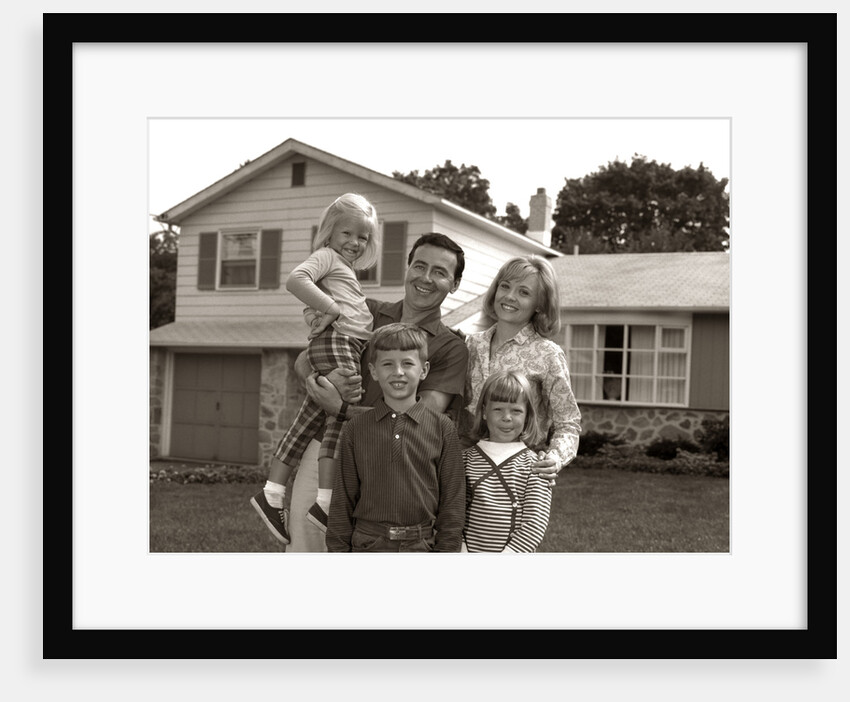 1960s Family Portrait Outside Suburban House Parents 3 Three Kids by Anonymous