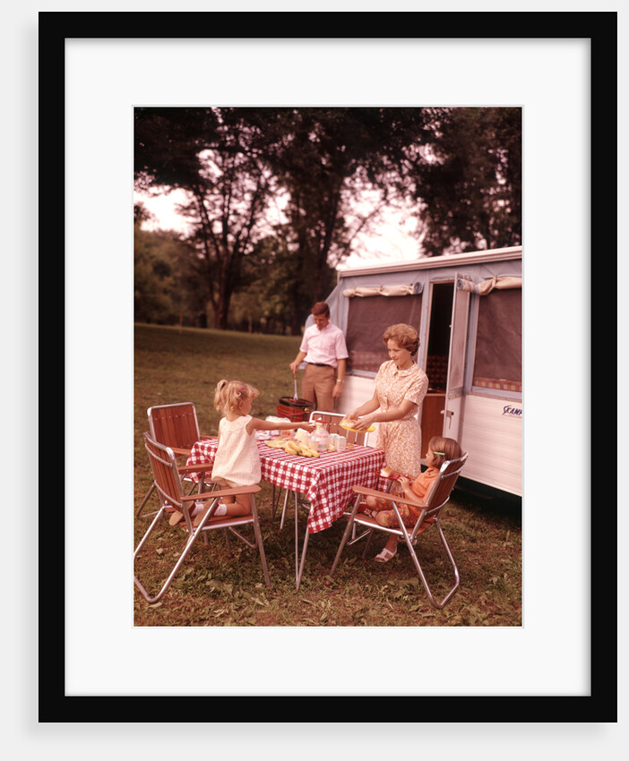 1960s Family Rv Camping Father Grilling Mother And Girls Setting Table by Anonymous