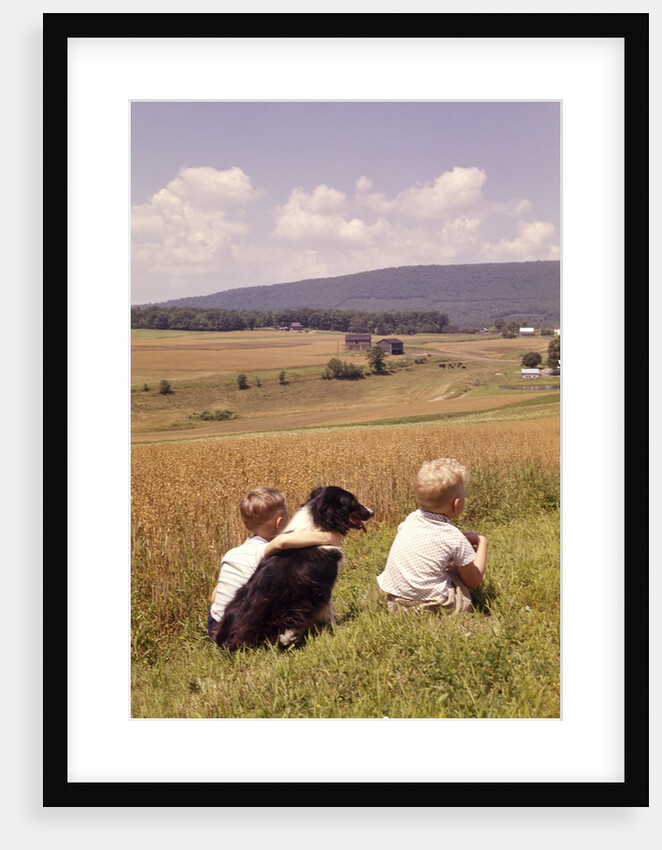1960s Back Of Two Boys With Black And White Dog Sitting Hillside Field Looking Down To Farm by Anonymous