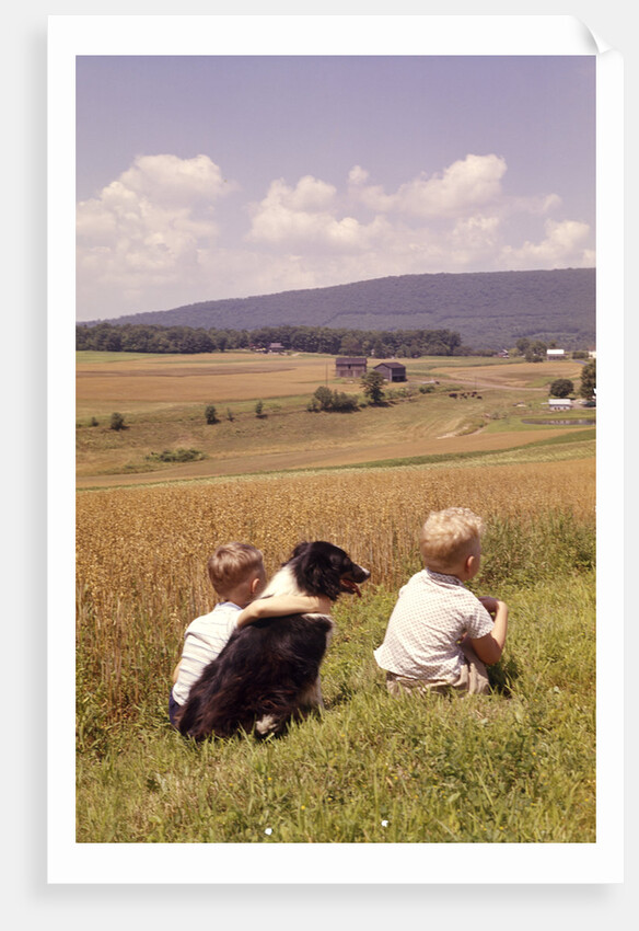 1960s Back Of Two Boys With Black And White Dog Sitting Hillside Field Looking Down To Farm by Anonymous