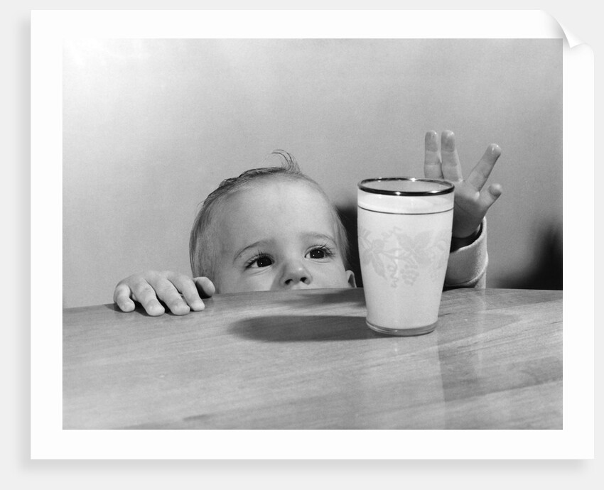 1950s Toddler Reaching Up To Table To Grab Milk Glass by Anonymous