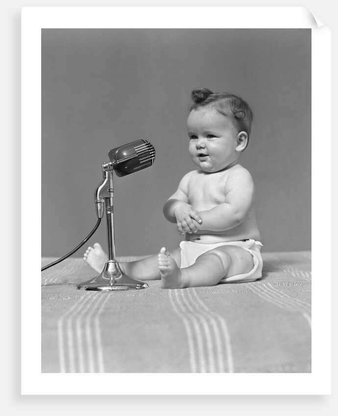 1940s Baby In Diaper With Microphone Studio by Anonymous