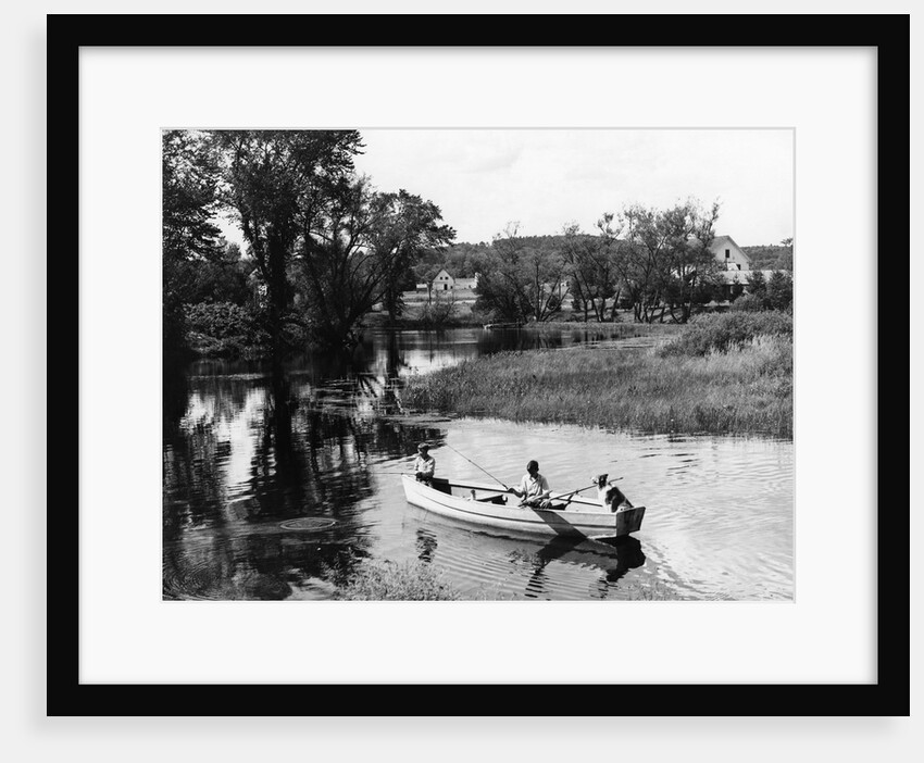 1940s 1950s Pair Of Boys In Rowboat With Collie Fishing In Farm Area by Anonymous
