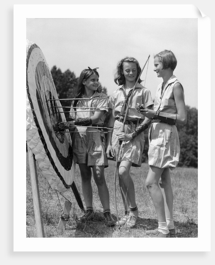1930s 1940s Three Teen Girls Standing By Archery Target Bows Arrows by Anonymous