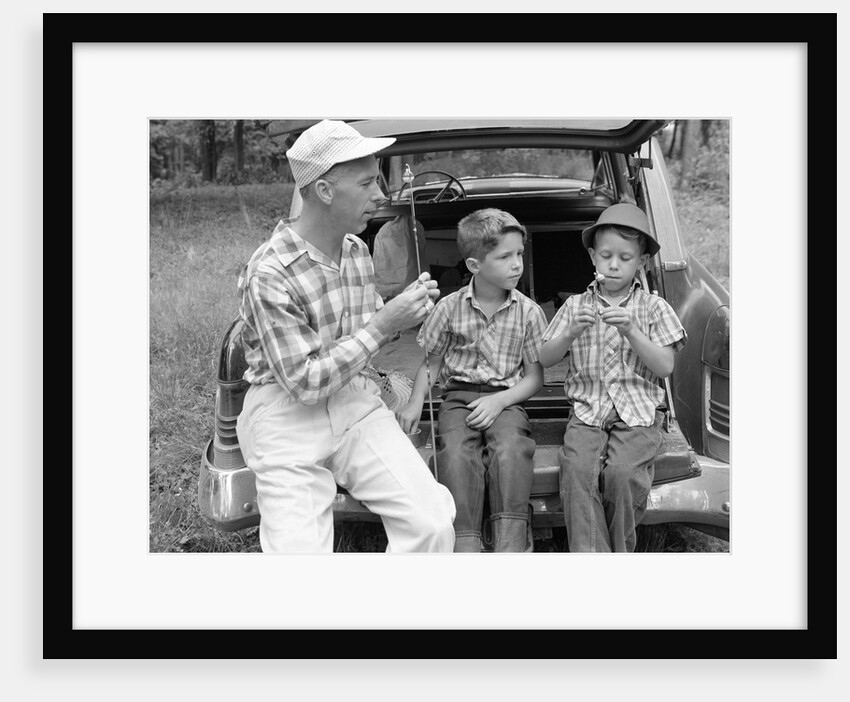 1950s 1960s Father Two Young Sons With Fishing Rods By Car Outdoor by Anonymous