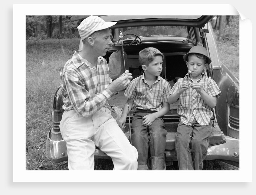 1950s 1960s Father Two Young Sons With Fishing Rods By Car Outdoor by Anonymous