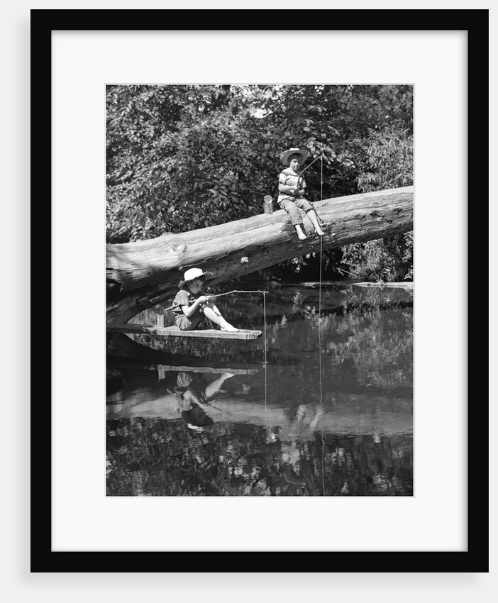 1940s 1950s Pair Of Boys In Straw Hats and Cuffed Jeans Fishing In Stream by Anonymous