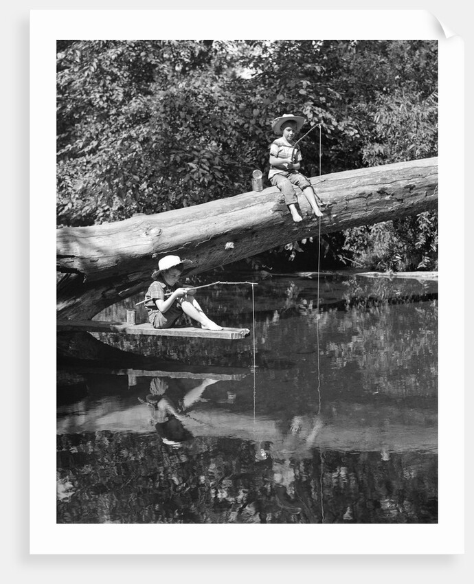1940s 1950s Pair Of Boys In Straw Hats and Cuffed Jeans Fishing In Stream by Anonymous