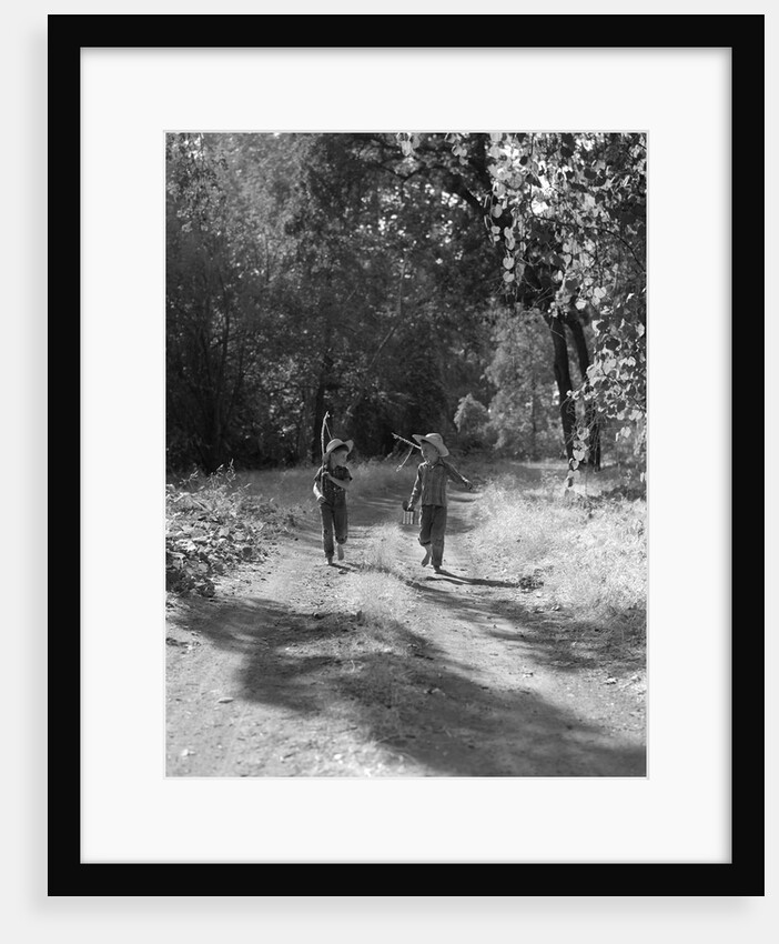 1940s 1950s Two Boys In Dungarees Plaid Shirts Straw Hats by Anonymous