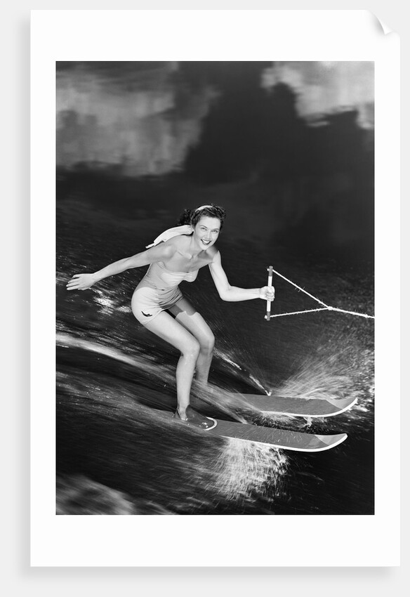1950s Woman In A Bathing Suit Water Skiing Spray Towline Speed Exhilaration by Anonymous