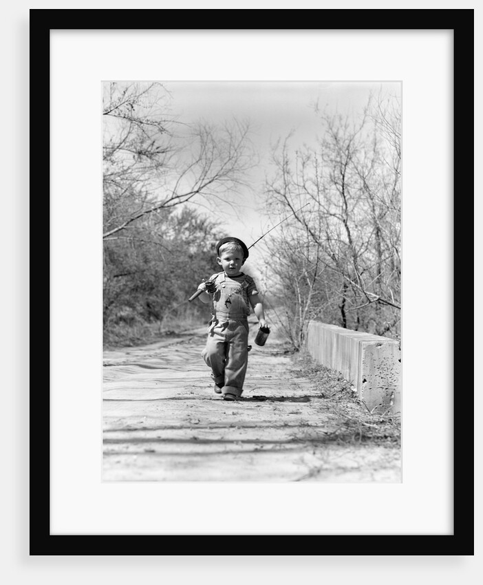 1940s Boy Walking Down Country Road With Can Of Worms And Fishing Pole by Anonymous