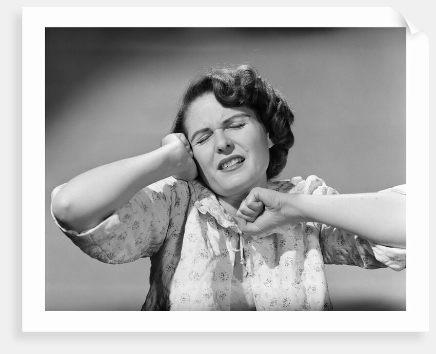 1950s Woman Eyes Closed Stretching Waking Up Wearing Nightgown by Anonymous