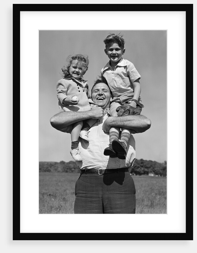 1930s Father Holding Son With Baseball Mitt and Daughter On His Shoulders by Anonymous