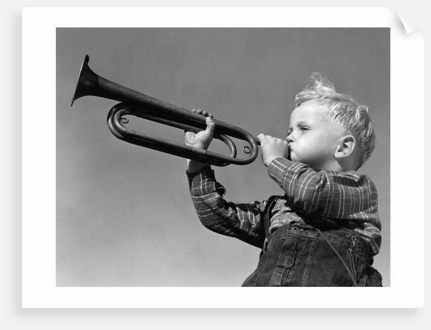1940s Boy Blowing Bugle Outdoor by Anonymous
