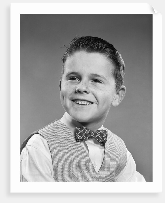 1950s Boy Portrait Wearing Checked Vest Polka Dot Bow Tie School Picture by Anonymous