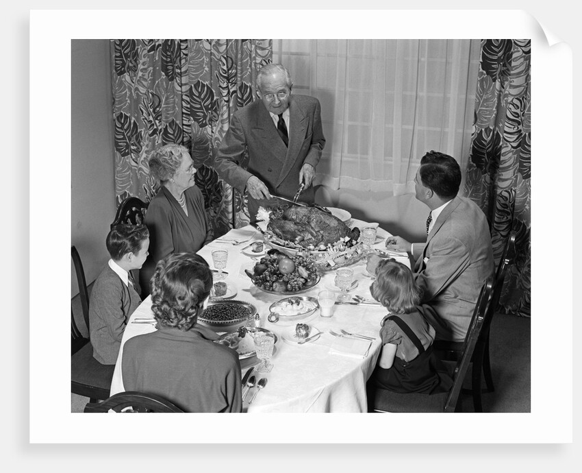 1940s 1950s 3 Generation Family Meal Dining Room Table Grandfather Carving Turkey by Anonymous
