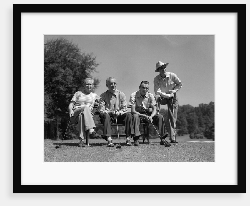 1940s 1950s Foursome Of Men Playing Golf Sitting Waiting To Tee-Off by Anonymous
