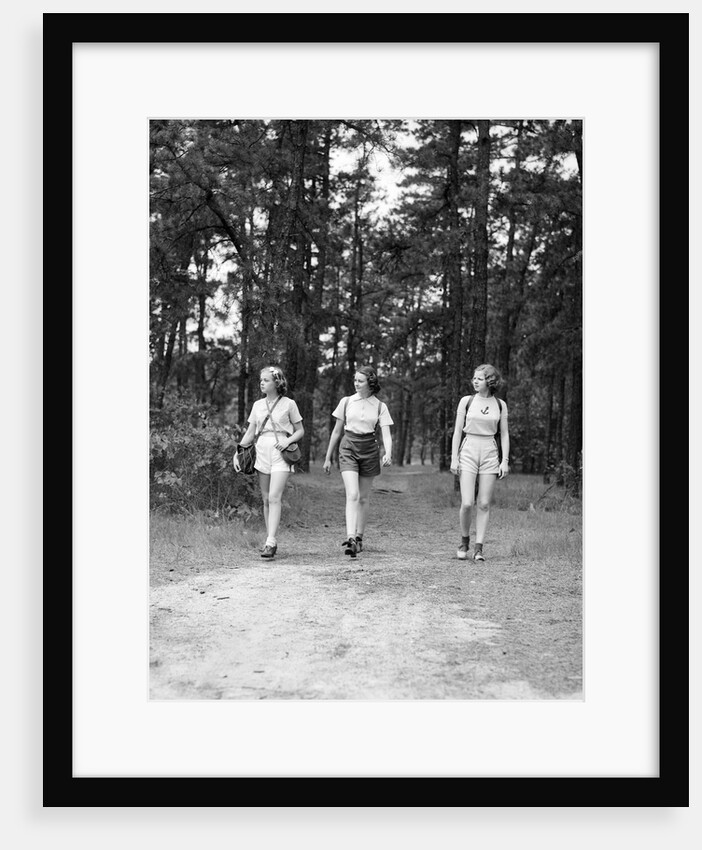 1940s Three Young Women Walking In Woods Hiking by Anonymous