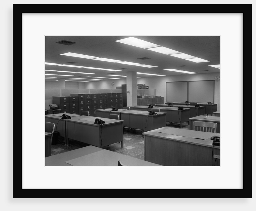 1950s 1960s Office With Desks Black Phones And File Cabinets by Anonymous