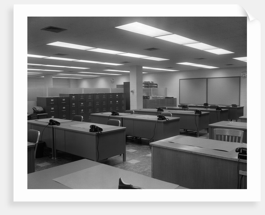 1950s 1960s Office With Desks Black Phones And File Cabinets by Anonymous